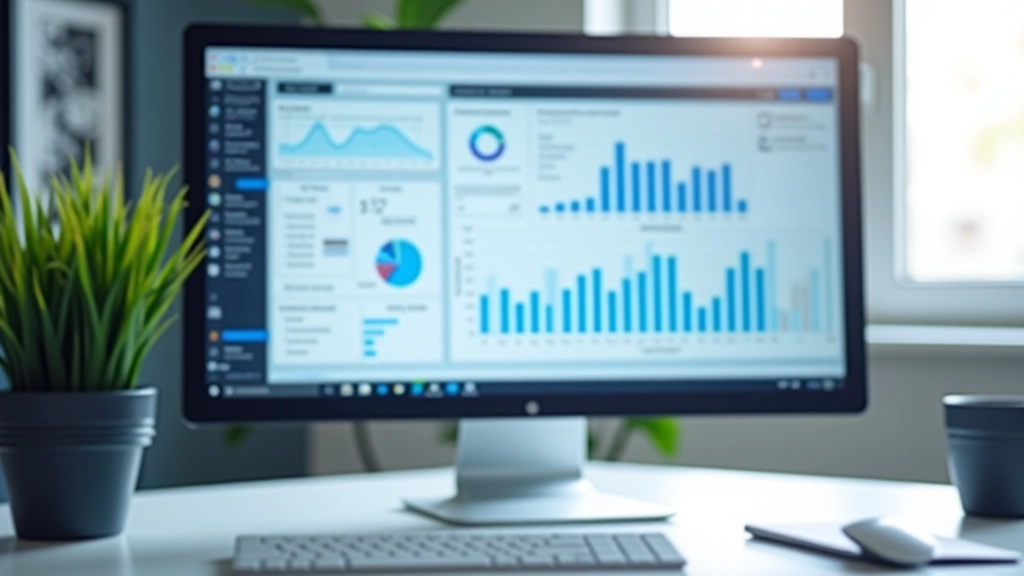 Desktop computer showing financial dashboard with charts and data metrics on screen