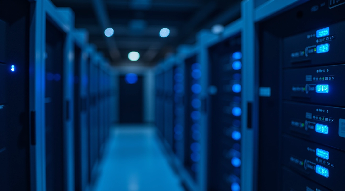 Server room with blue LED lights and organized networking equipment in data center