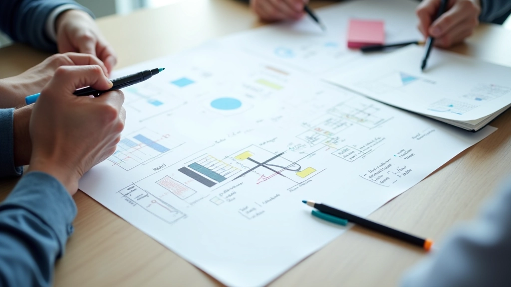 Whiteboard with technical diagrams, system architecture sketches and colored markers on conference table