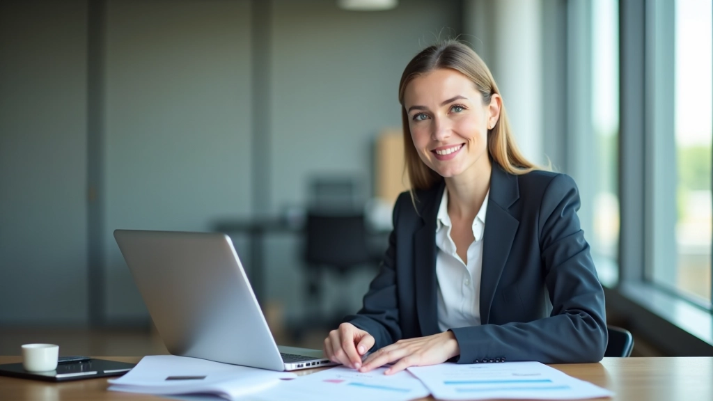 Businesswoman in professional attire working at desk with laptop and financial documents spread out